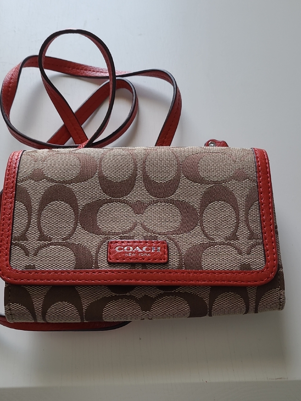 Coach Brown Signature Crossbody Wallet with Red Trim